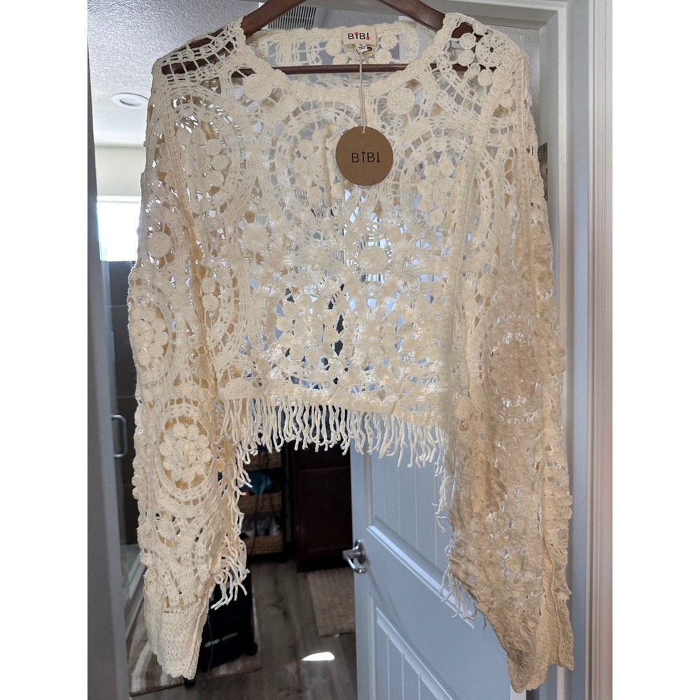 BIBI Womens Cream Crochet Medallion Fringe Crop Top Bell Sleeve Boho XL NEW - Picture 2 of 5